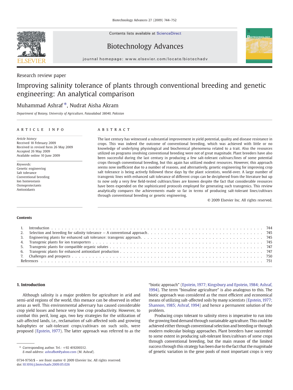 Improving Salinity Tolerance of Plants Through Conventional Breeding and Genetic Engineering: an Analytical Comparison