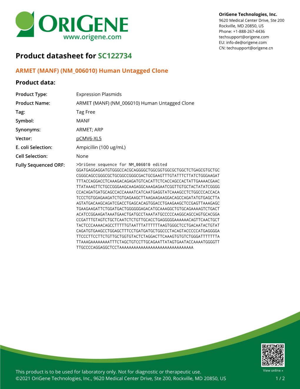 ARMET (MANF) (NM 006010) Human Untagged Clone Product Data