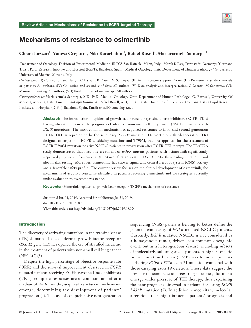 Mechanisms of Resistance to Osimertinib
