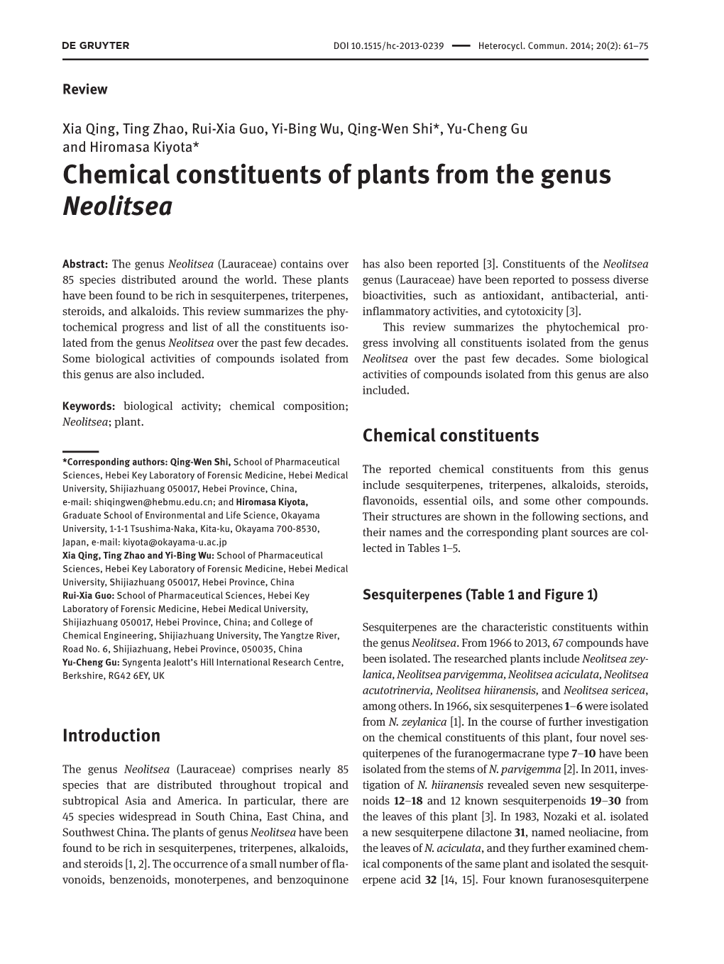 Chemical Constituents of Plants from the Genus Neolitsea