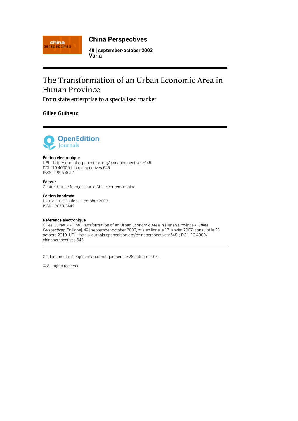 China Perspectives, 49 | September-October 2003 the Transformation of an Urban Economic Area in Hunan Province 2