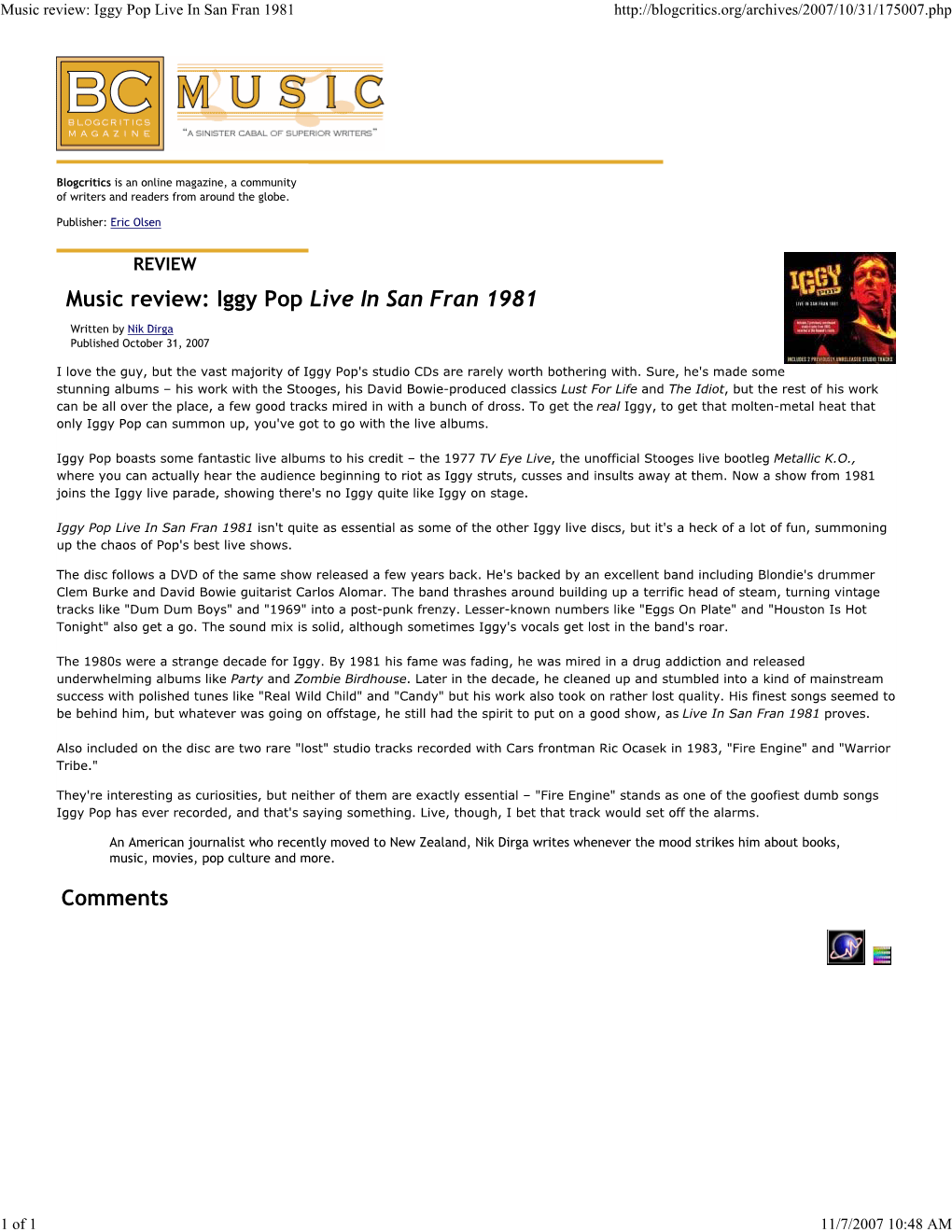 Music Review: Iggy Pop Live in San Fran 1981