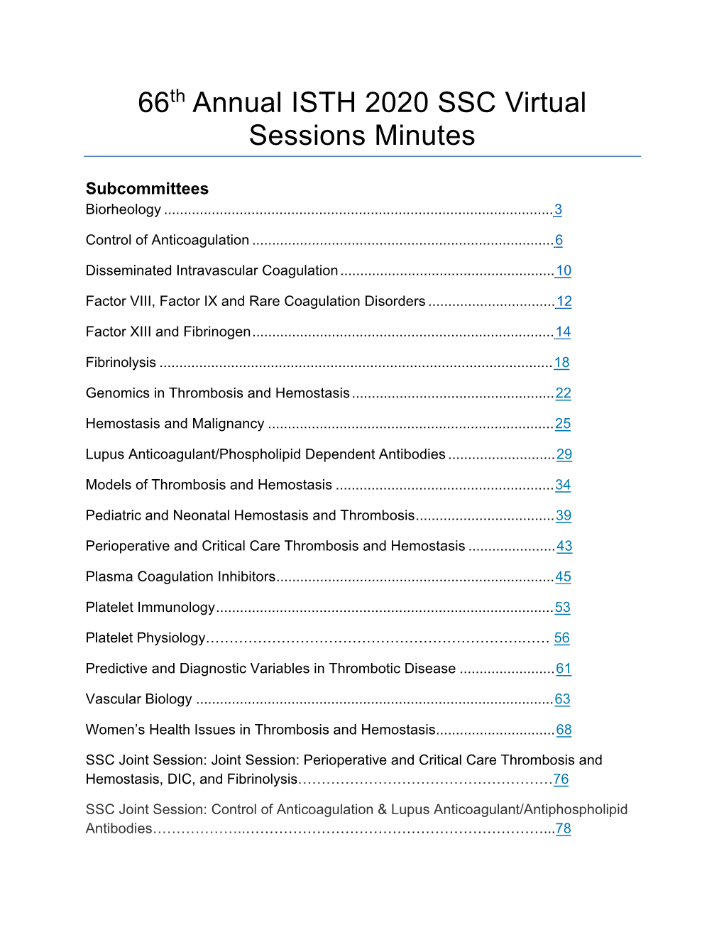 66Th Annual ISTH 2020 SSC Virtual Sessions Minutes