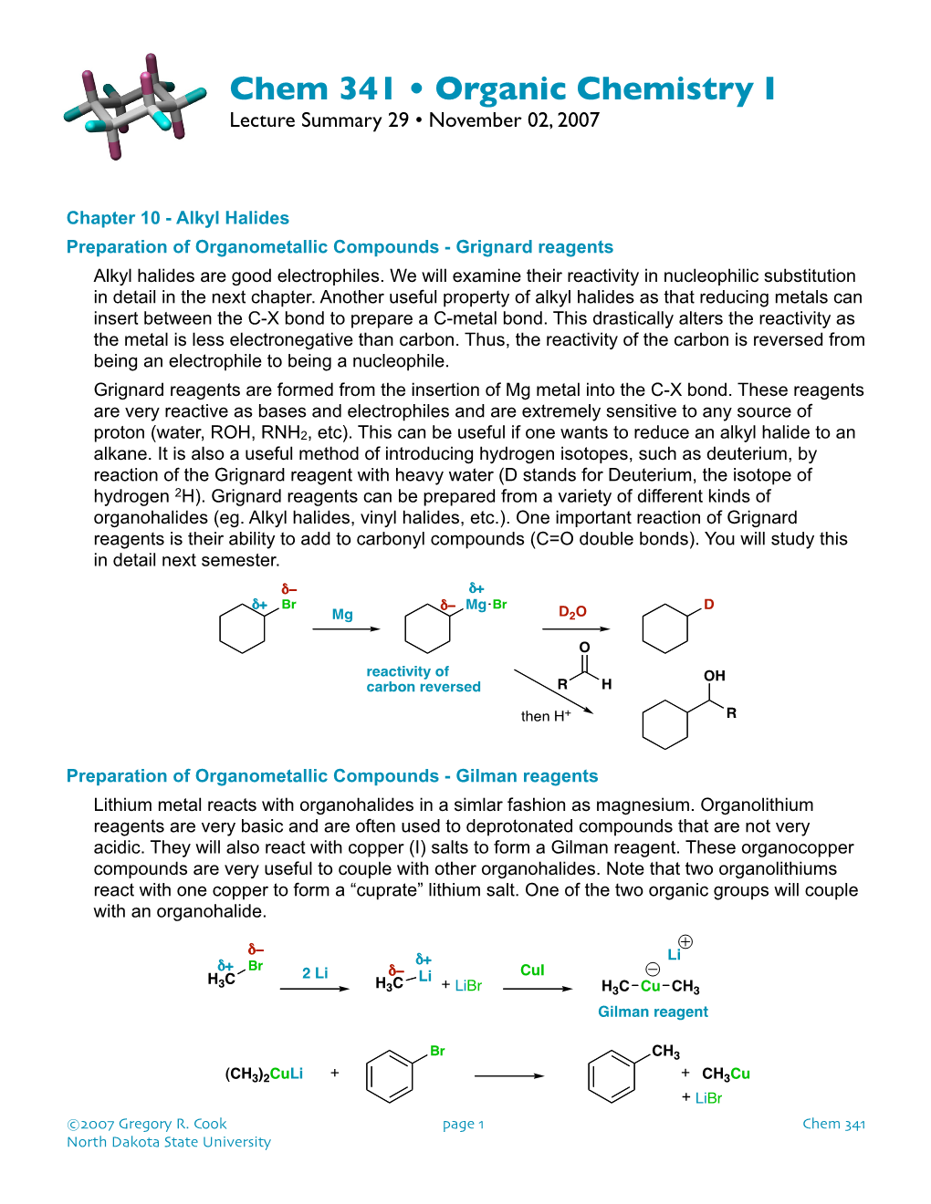 Chem 341 • Organic Chemistry I Lecture Summary 29 • November 02, 2007