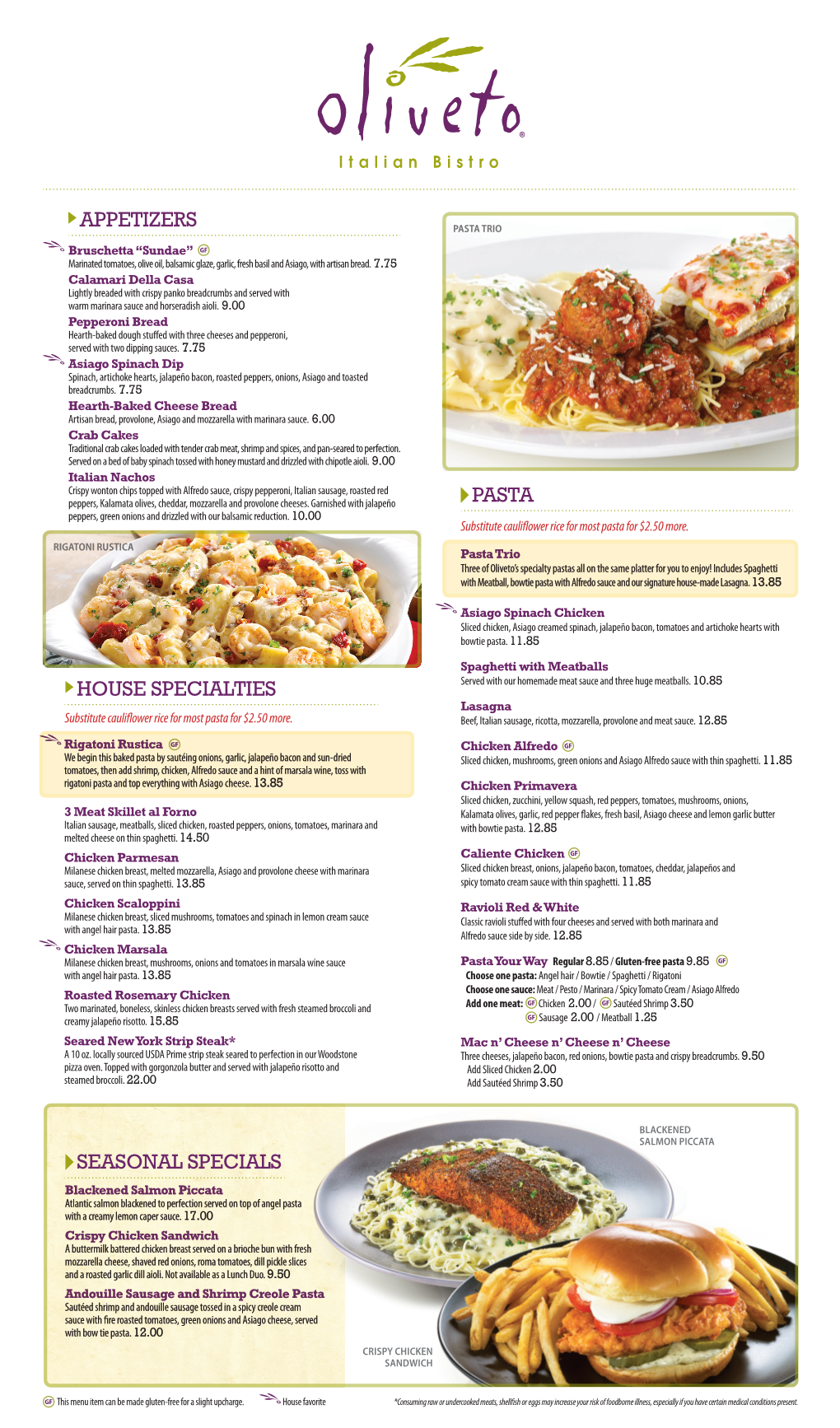 Appetizers House Specialties Pasta Seasonal Specials