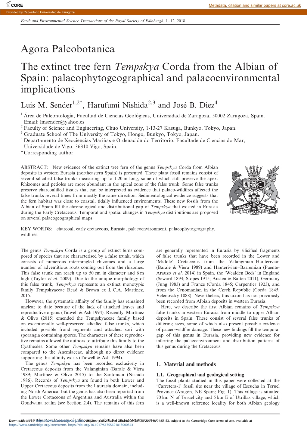 Agora Paleobotanica the Extinct Tree Fern Tempskya Corda from the Albian of Spain: Palaeophytogeographical and Palaeoenvironmental Implications Luis M