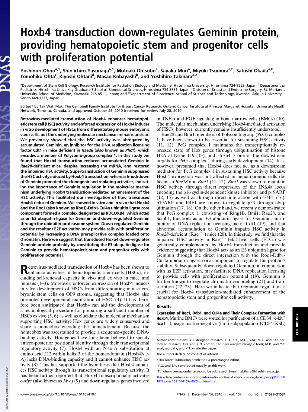 Hoxb4 Transduction Down-Regulates Geminin Protein, Providing Hematopoietic Stem and Progenitor Cells with Proliferation Potential