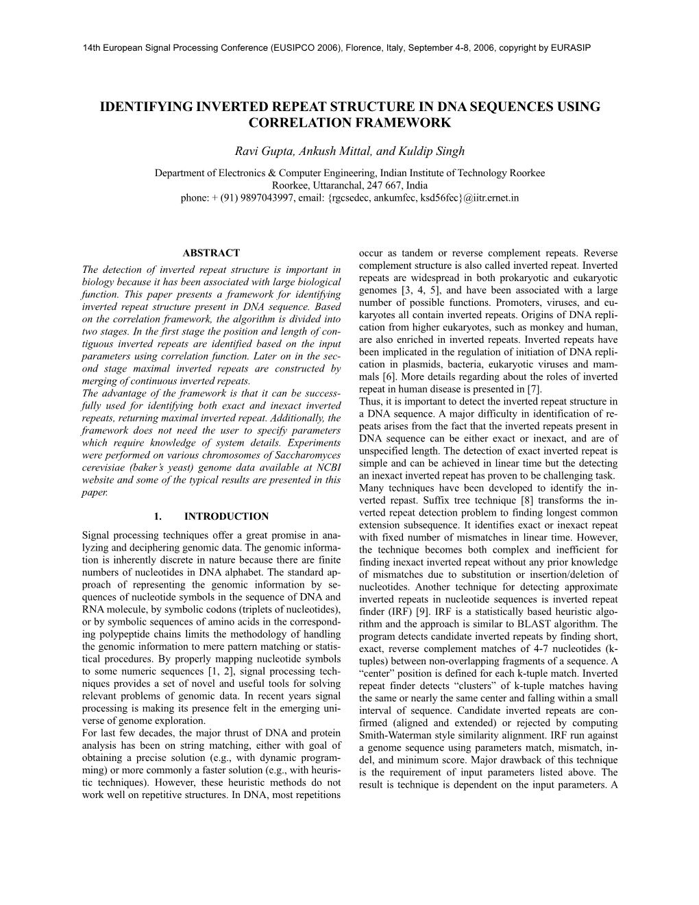 Identifying Inverted Repeat Structure in Dna Sequences Using Correlation Framework