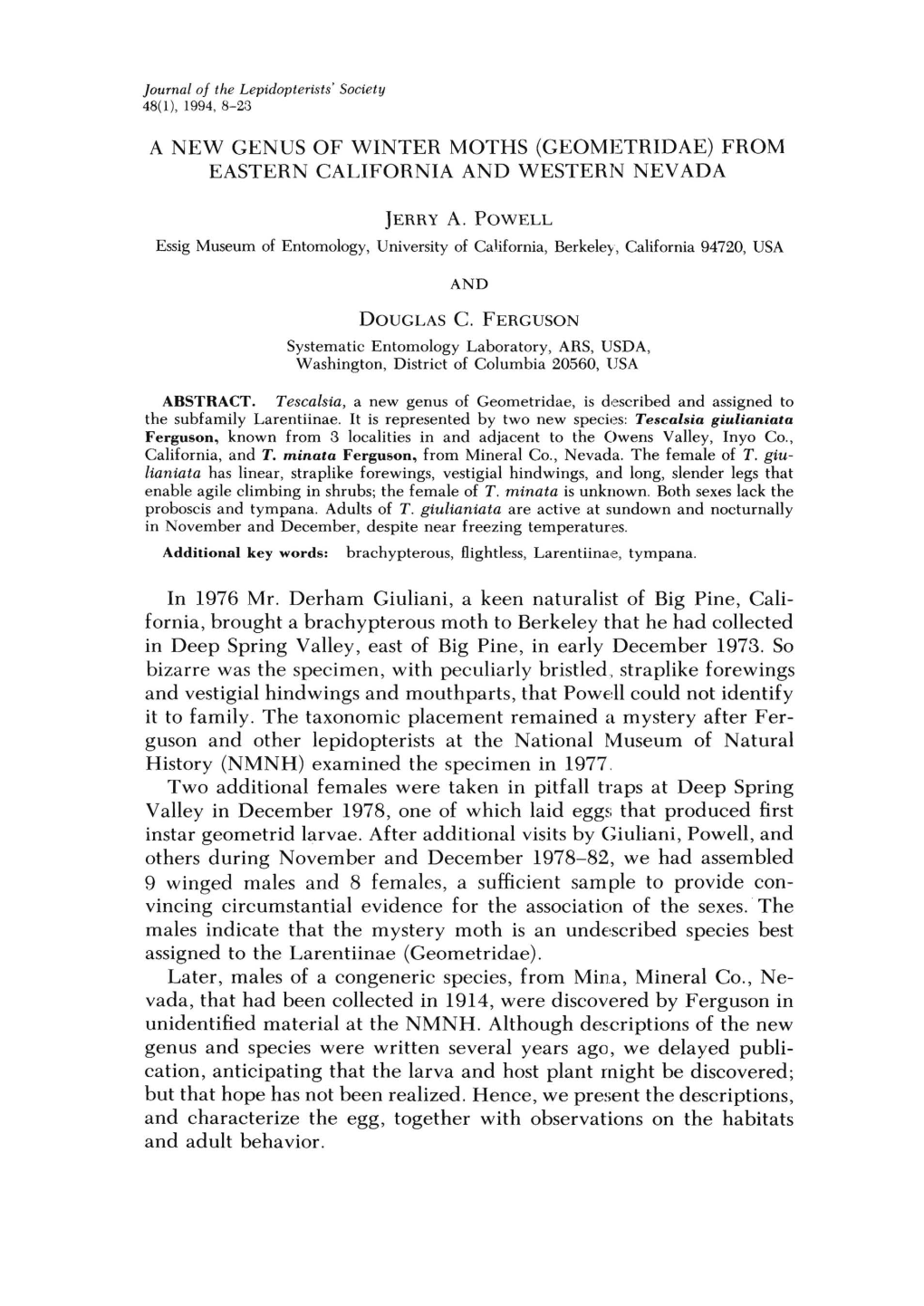 A New Genus of Winter Moths (Geometridae) from Eastern California and Western Nevada