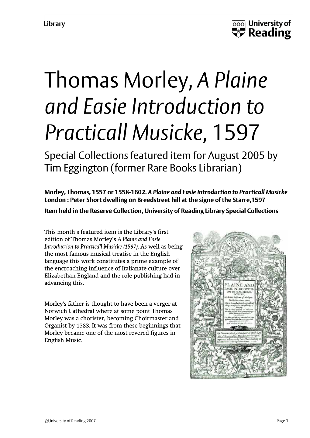 Thomas Morley, a Plaine and Easie Introduction to Practicall Musicke