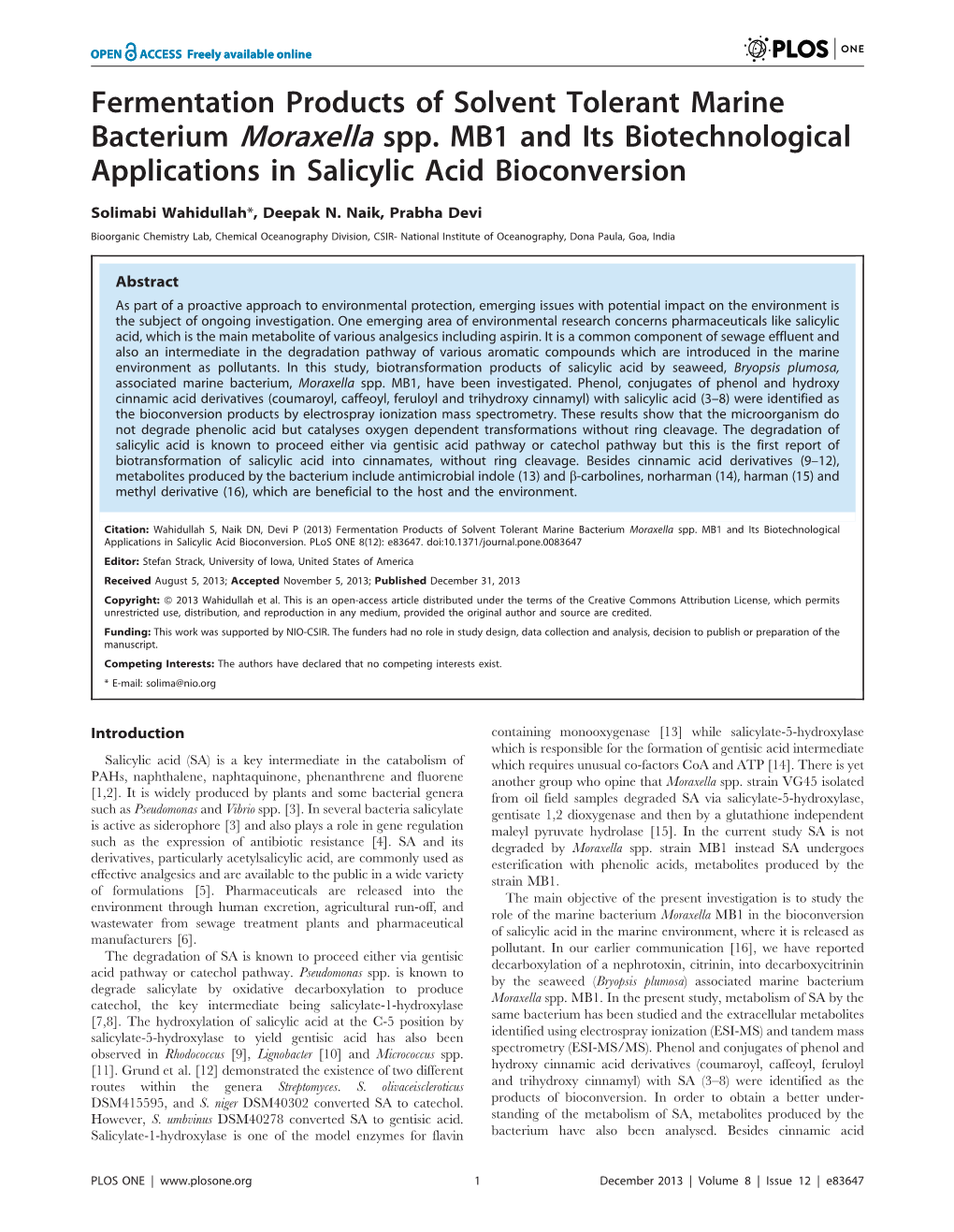 Fermentation Products of Solvent Tolerant Marine Bacterium Moraxella Spp