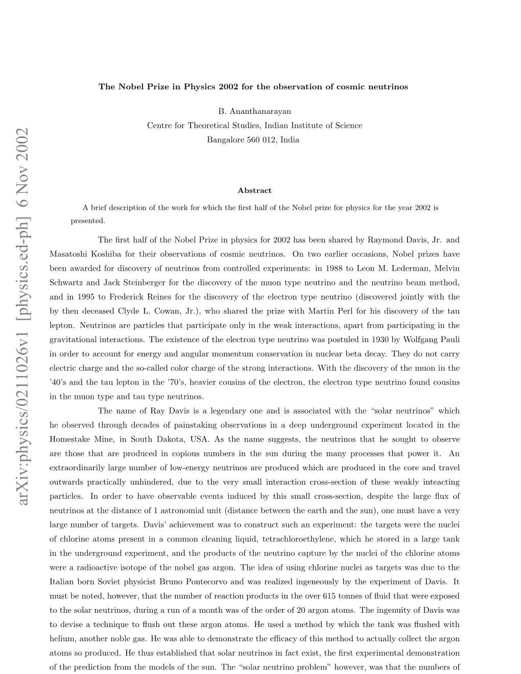 The Nobel Prize in Physics 2002 for the Observation of Cosmic Neutrinos