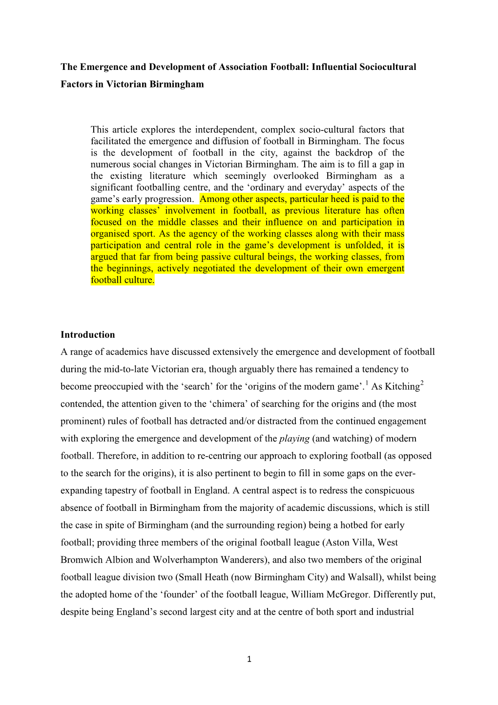 The Emergence and Development of Association Football: Influential Sociocultural Factors in Victorian Birmingham