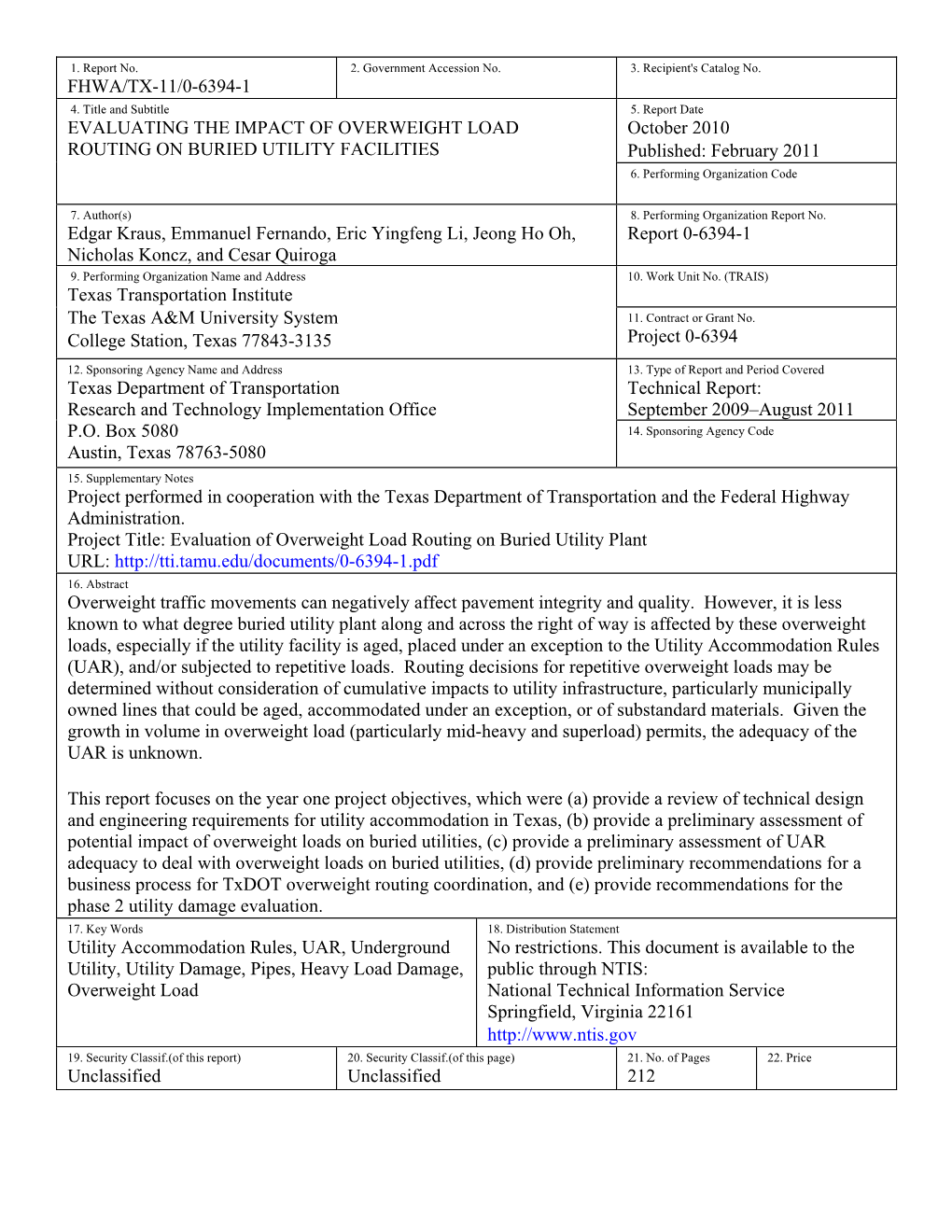 EVALUATING the IMPACT of OVERWEIGHT LOAD ROUTING on BURIED UTILITY FACILITIES By