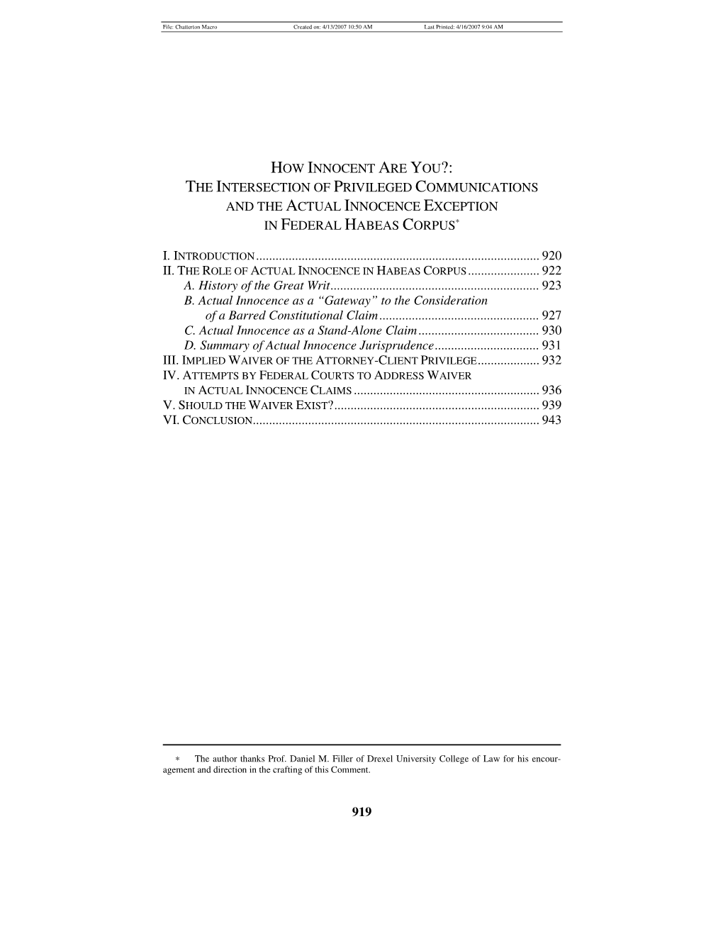 The Intersection of Privileged Communications and the Actual Innocence Exception in Federal Habeas Corpus∗