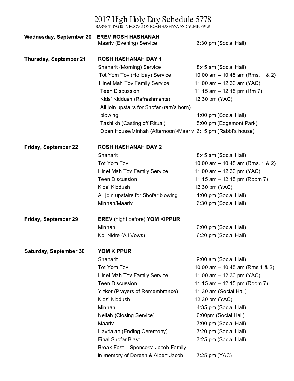 High Holiday Service Schedule