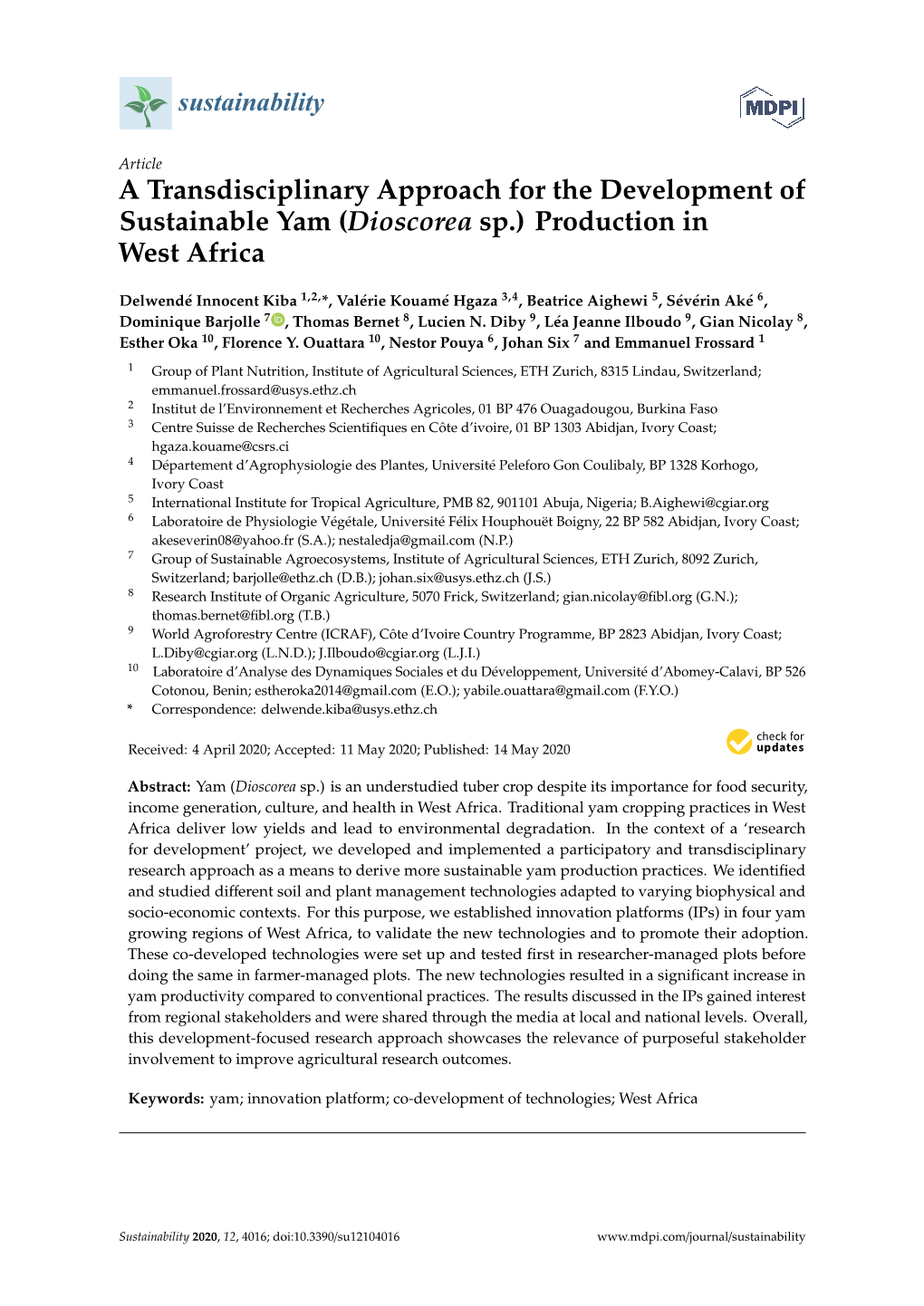 A Transdisciplinary Approach for the Development of Sustainable Yam (Dioscorea Sp.) Production in West Africa