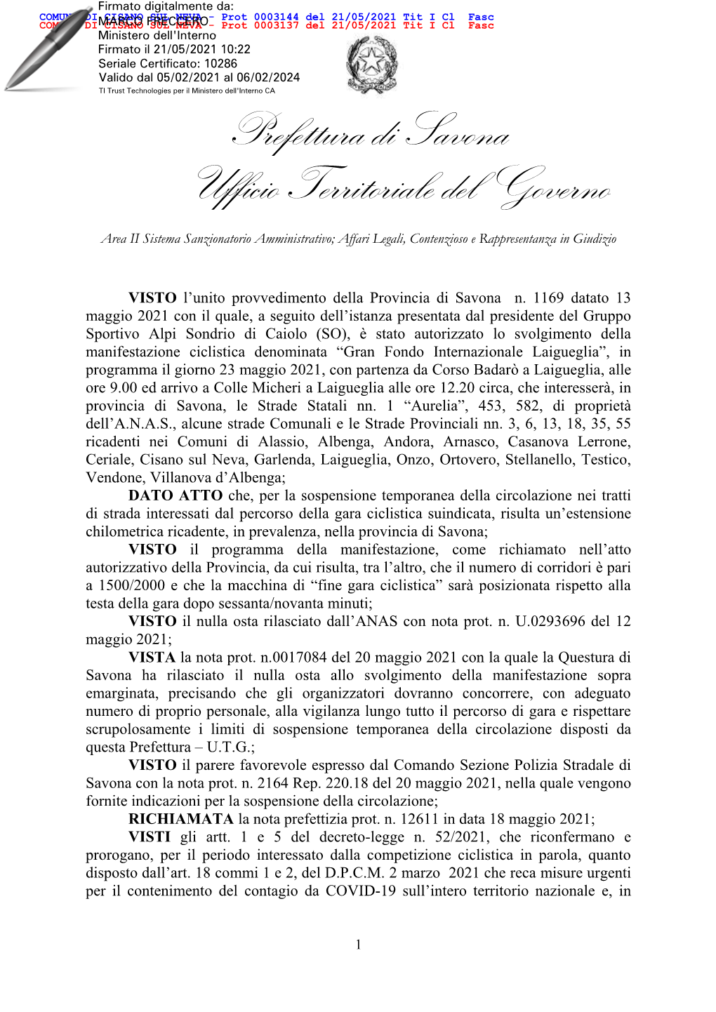 Prefettura Di Savona Ufficio Territoriale Del Governo