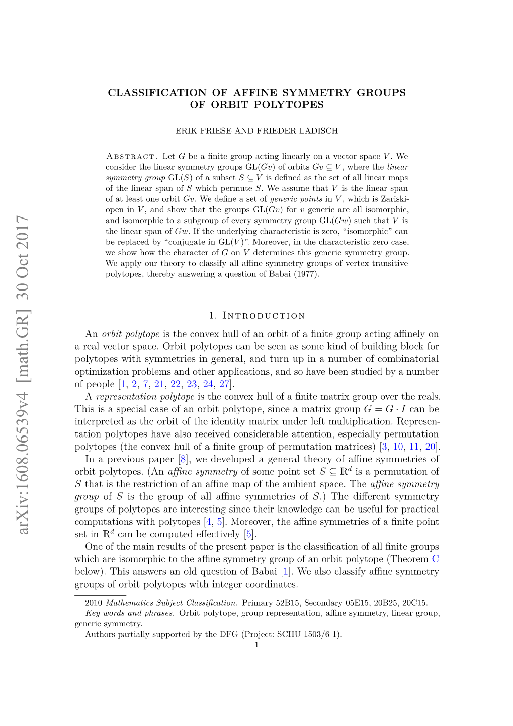 Classification of Affine Symmetry Groups of Orbit Polytopes