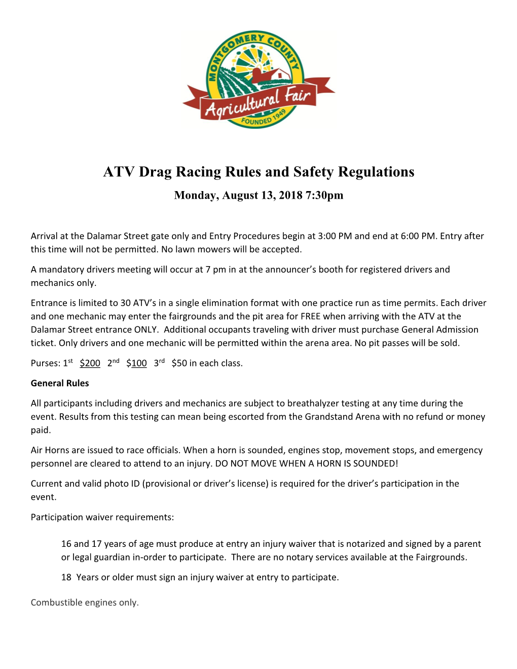 ATV Drag Racing Rules and Safety Regulations Monday, August 13, 2018 7:30Pm