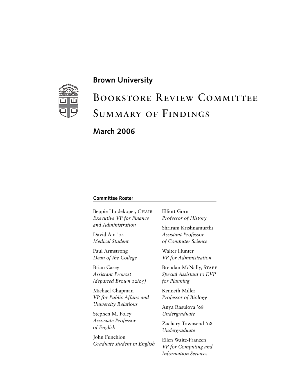 Bookstore Review Committee Summary of Findings