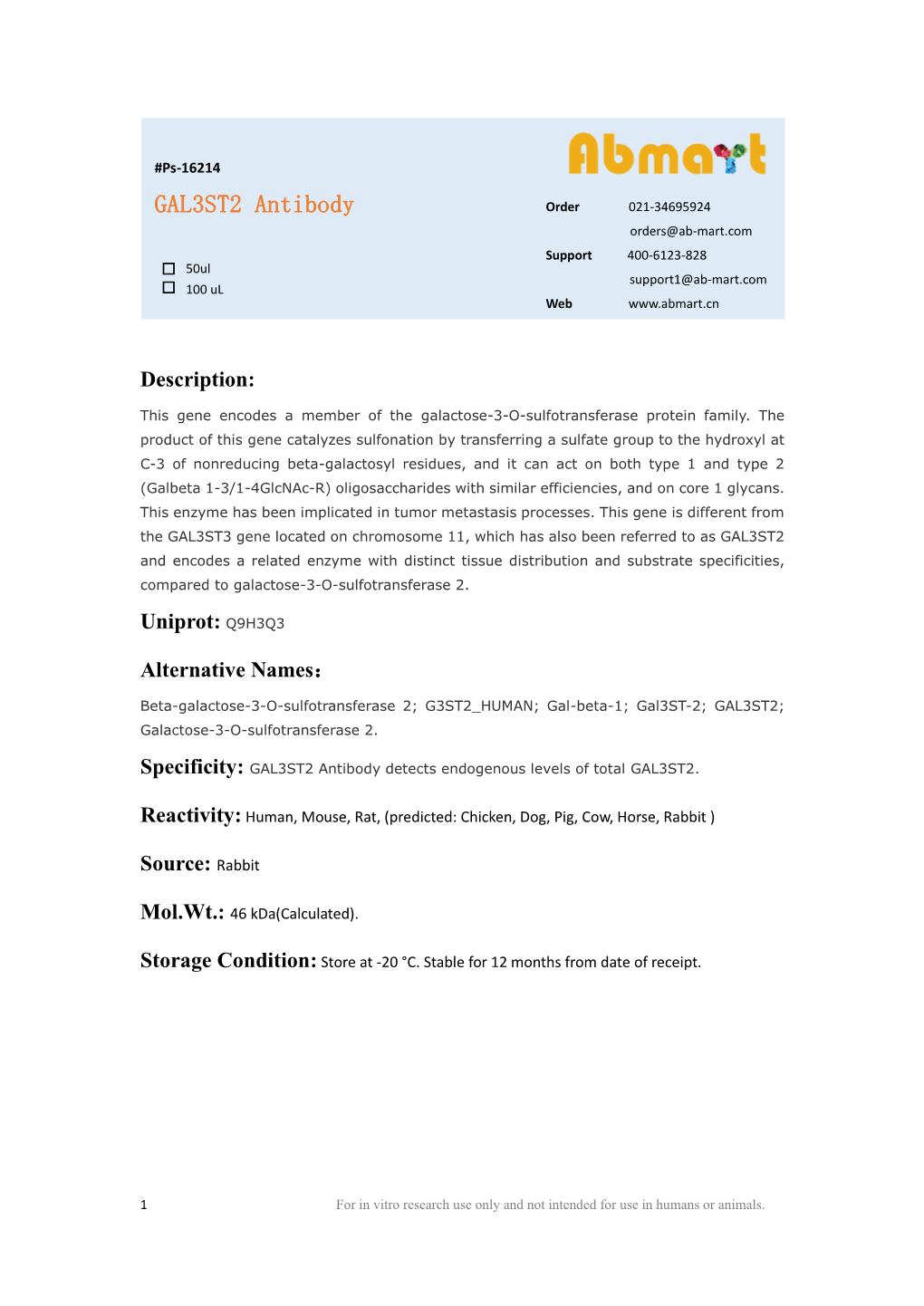 GAL3ST2 Antibody Order 021-34695924