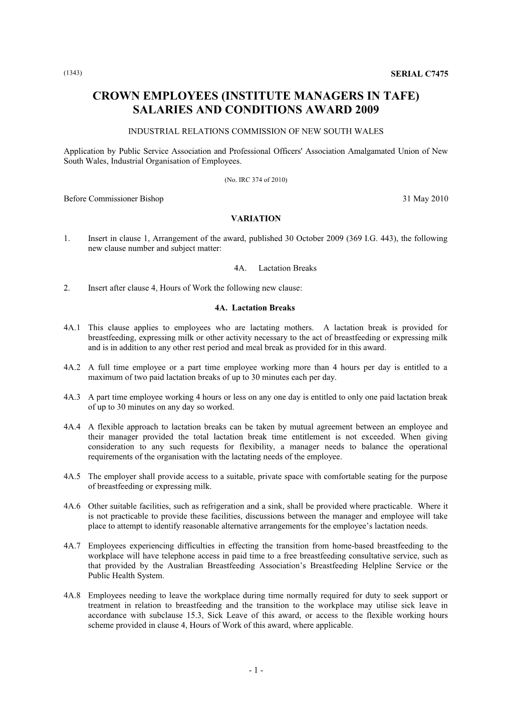 Crown Employees (Institute Managers in TAFE) Salaries and Conditions Award 2009