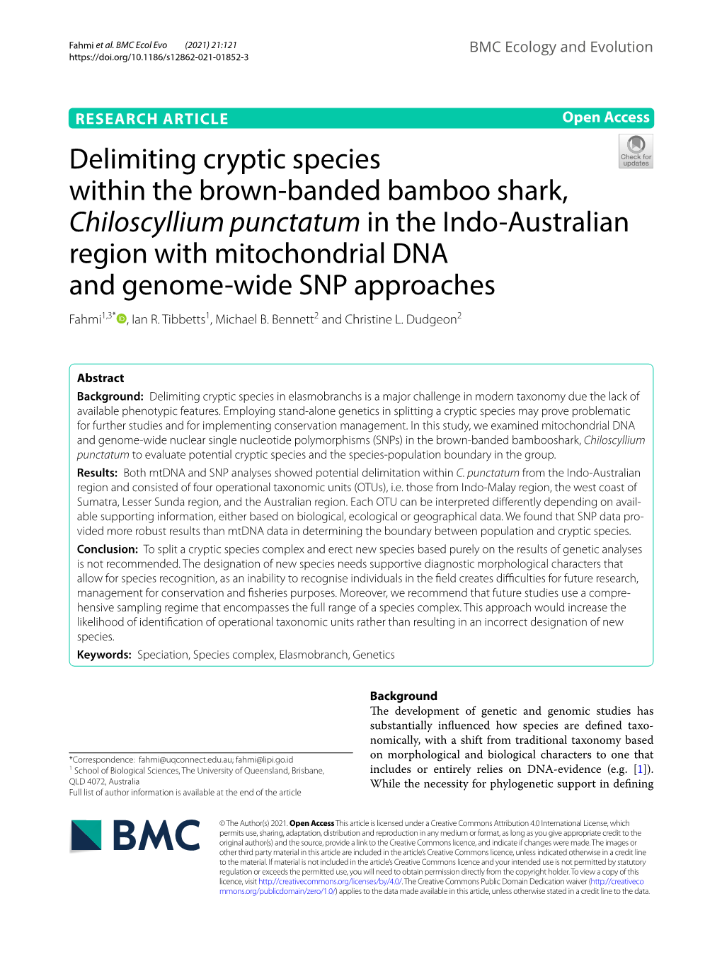 Delimiting Cryptic Species Within the Brown-Banded Bamboo Shark