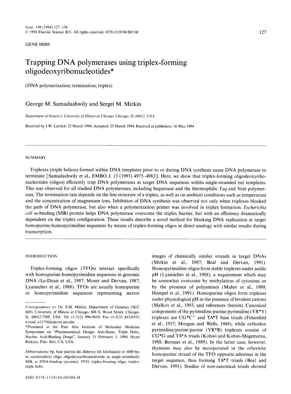Trapping DNA Polymerases Using Triplex-Forming Oligodeoxyribonucleotides*