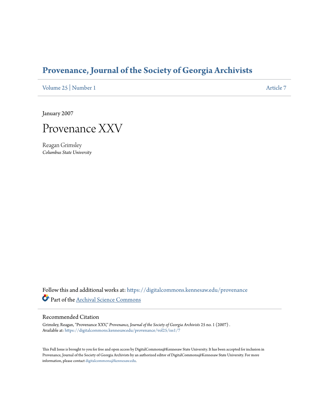 Provenance, Journal of the Society of Georgia Archivists