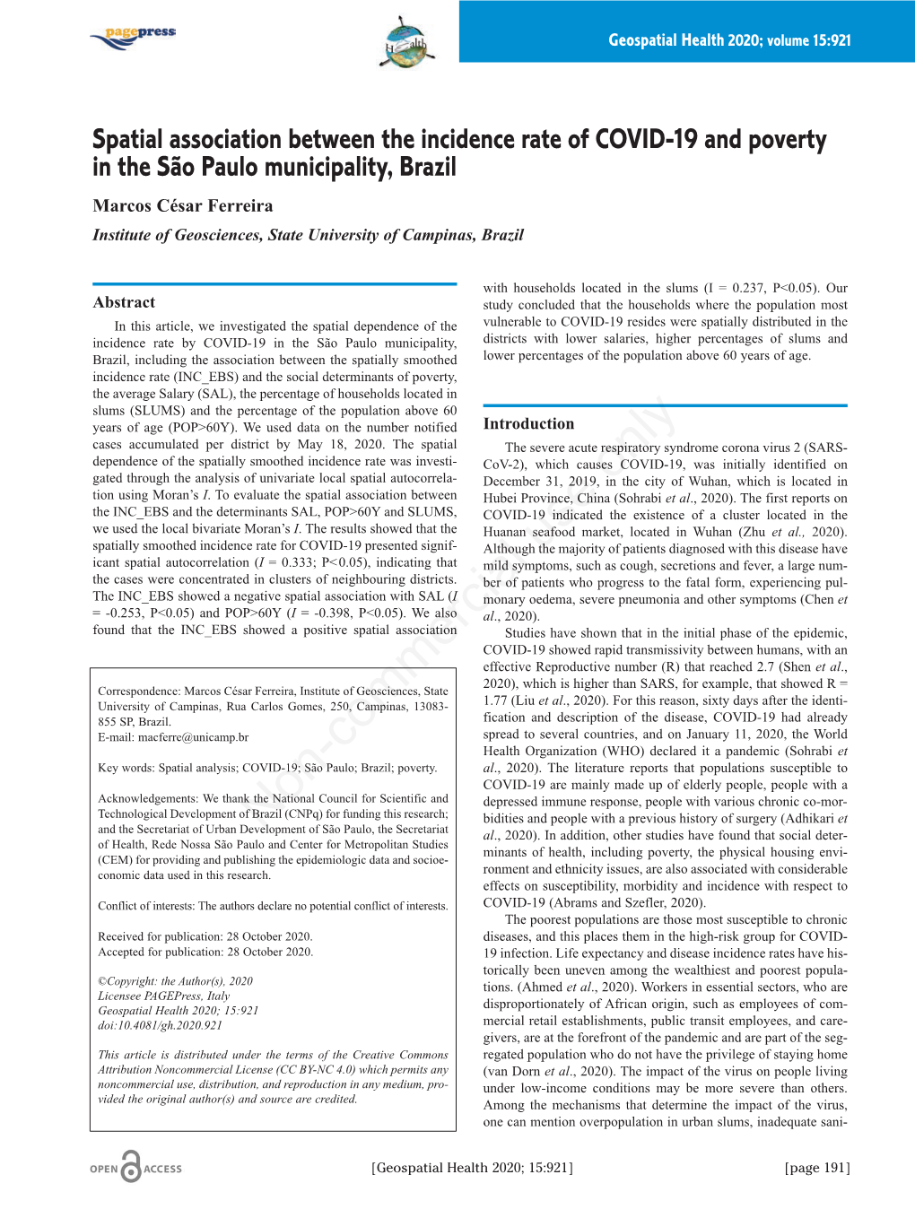 Spatial Association Between the Incidence Rate of COVID-19 and Poverty in the São Paulo Municipality, Brazil