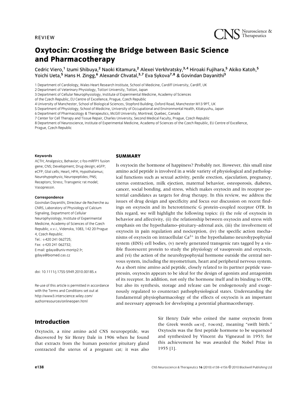 REVIEW: Oxytocin: Crossing the Bridge Between Basic Science and Pharmacotherapy