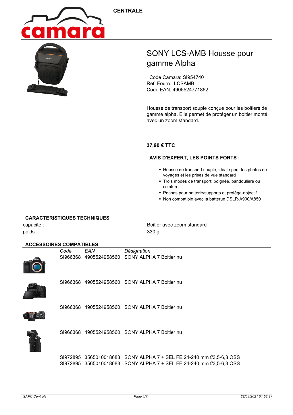 Fiche Article SONY LCS-AMB Housse Pour Gamme Alpha