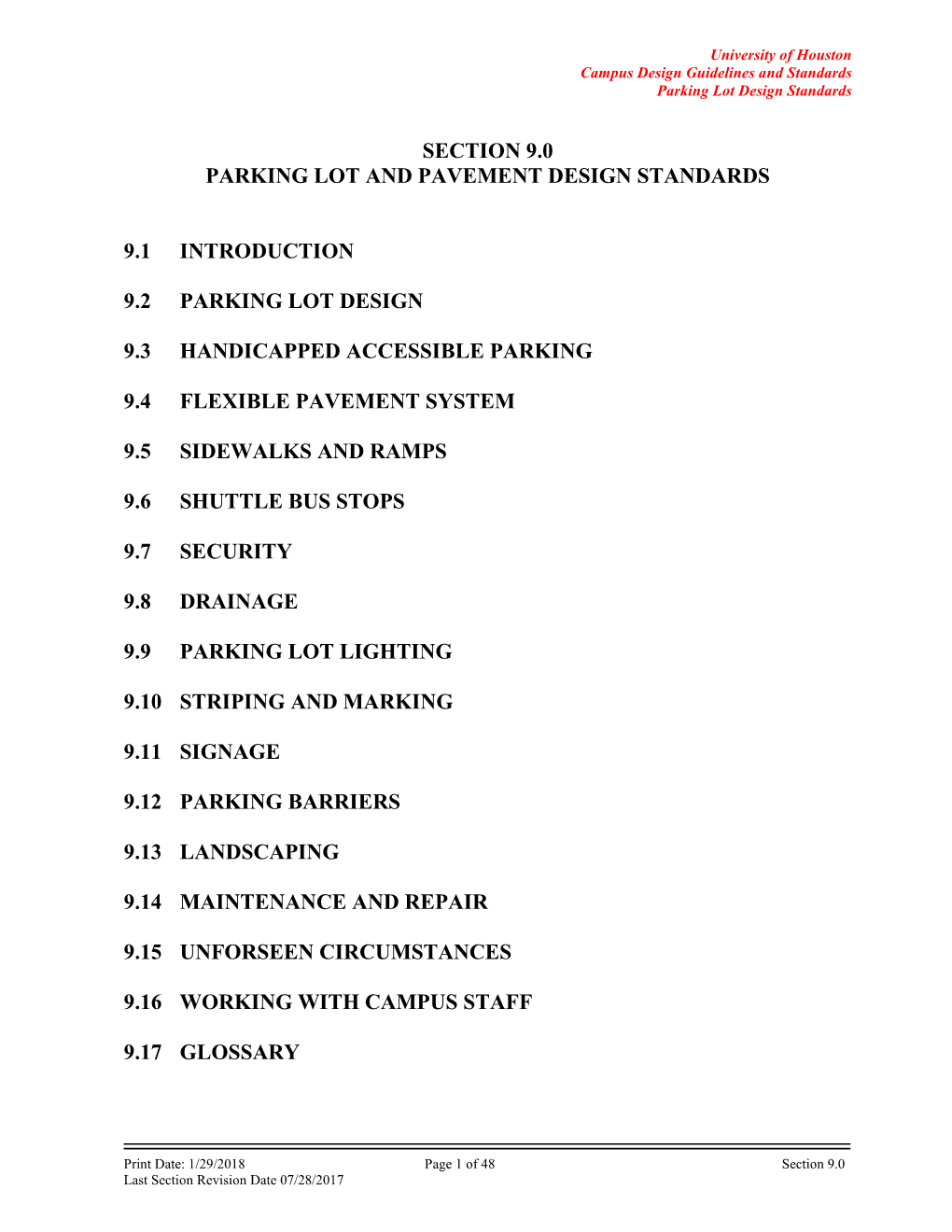 Section 9.0 Parking Lot and Pavement Design Standards