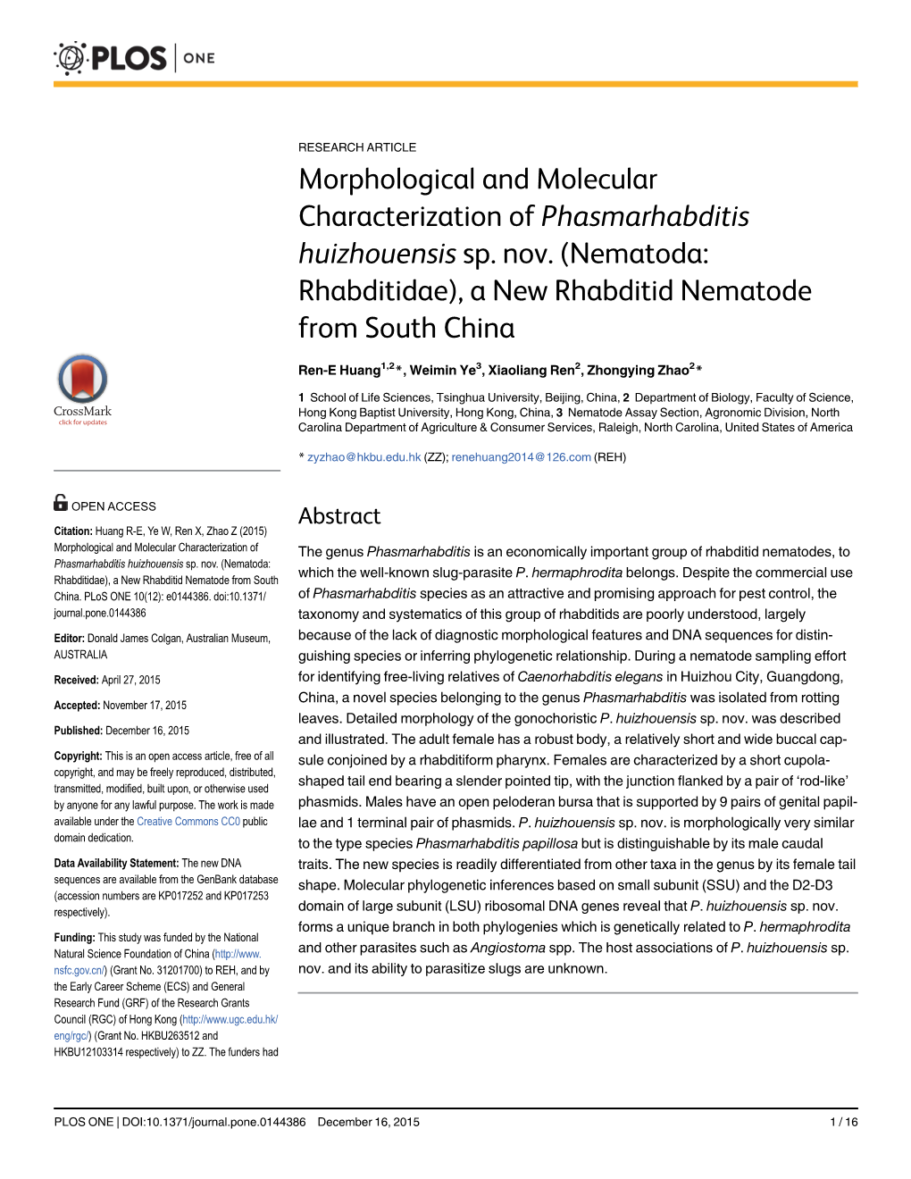 Morphological and Molecular Characterization of Phasmarhabditis Huizhouensis Sp