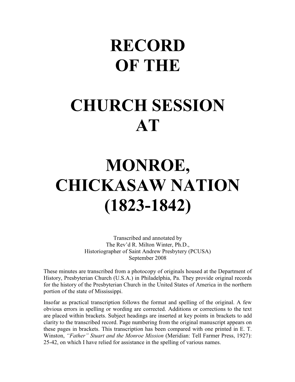 Record of the Church Session at Monroe, Chickasaw Nation, 1823