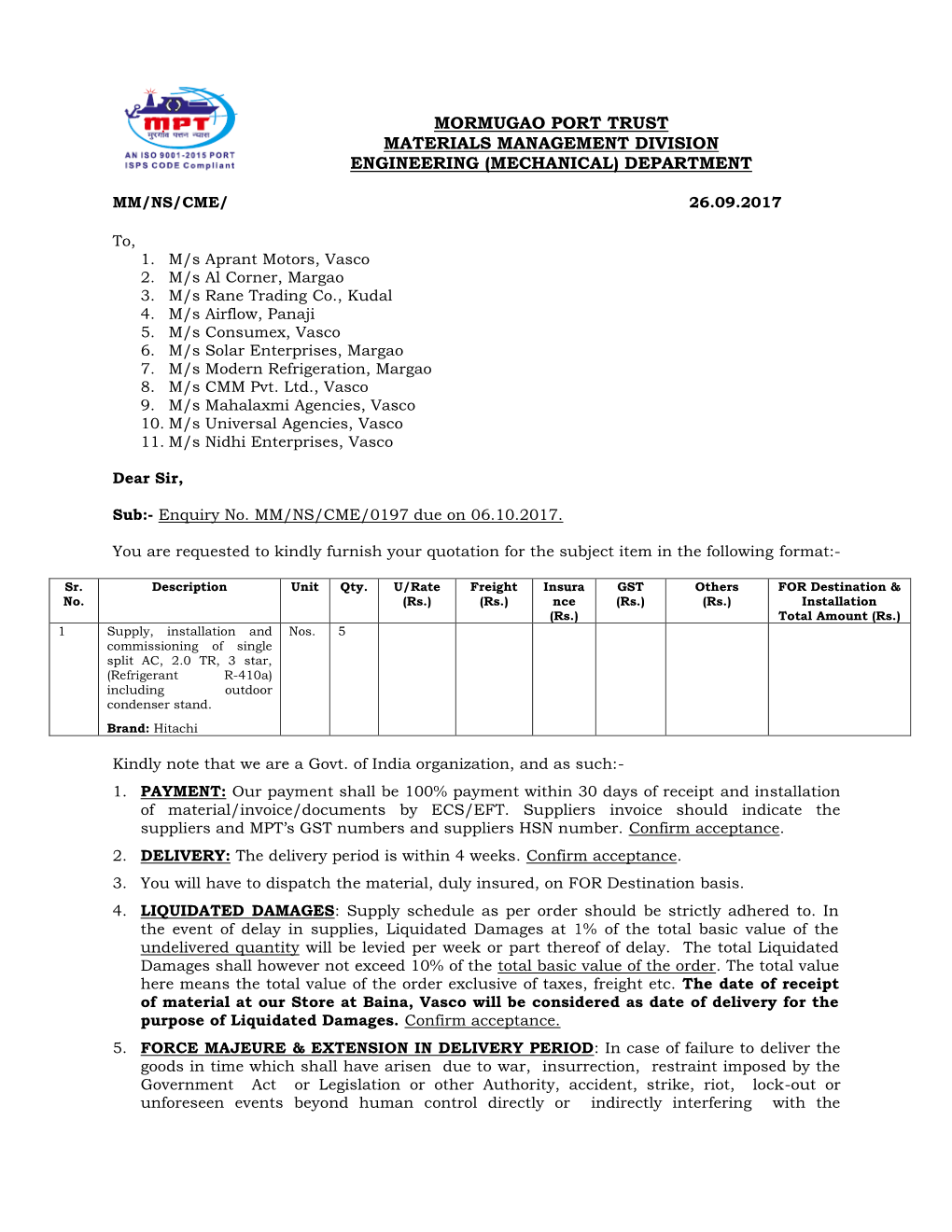 Mormugao Port Trust Materials Management Division Engineering (Mechanical) Department