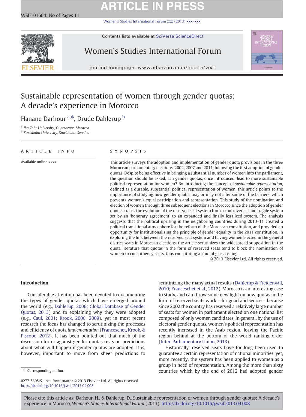 Sustainable Representation of Women Through Gender Quotas: a Decade's Experience in Morocco