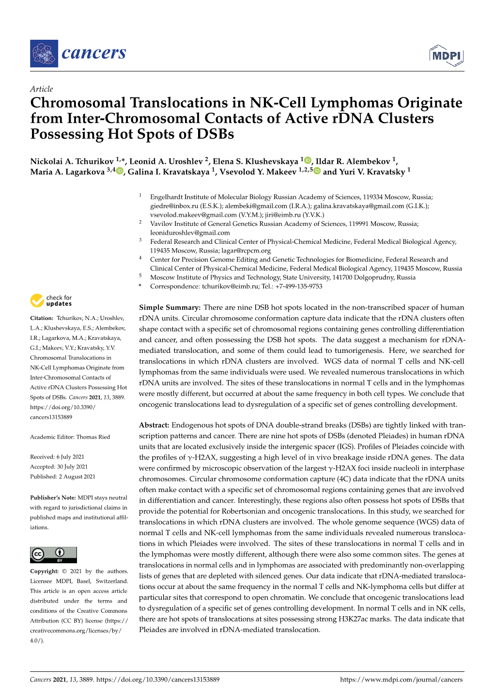 Chromosomal Translocations in NK-Cell Lymphomas Originate from Inter-Chromosomal Contacts of Active Rdna Clusters Possessing Hot Spots of Dsbs