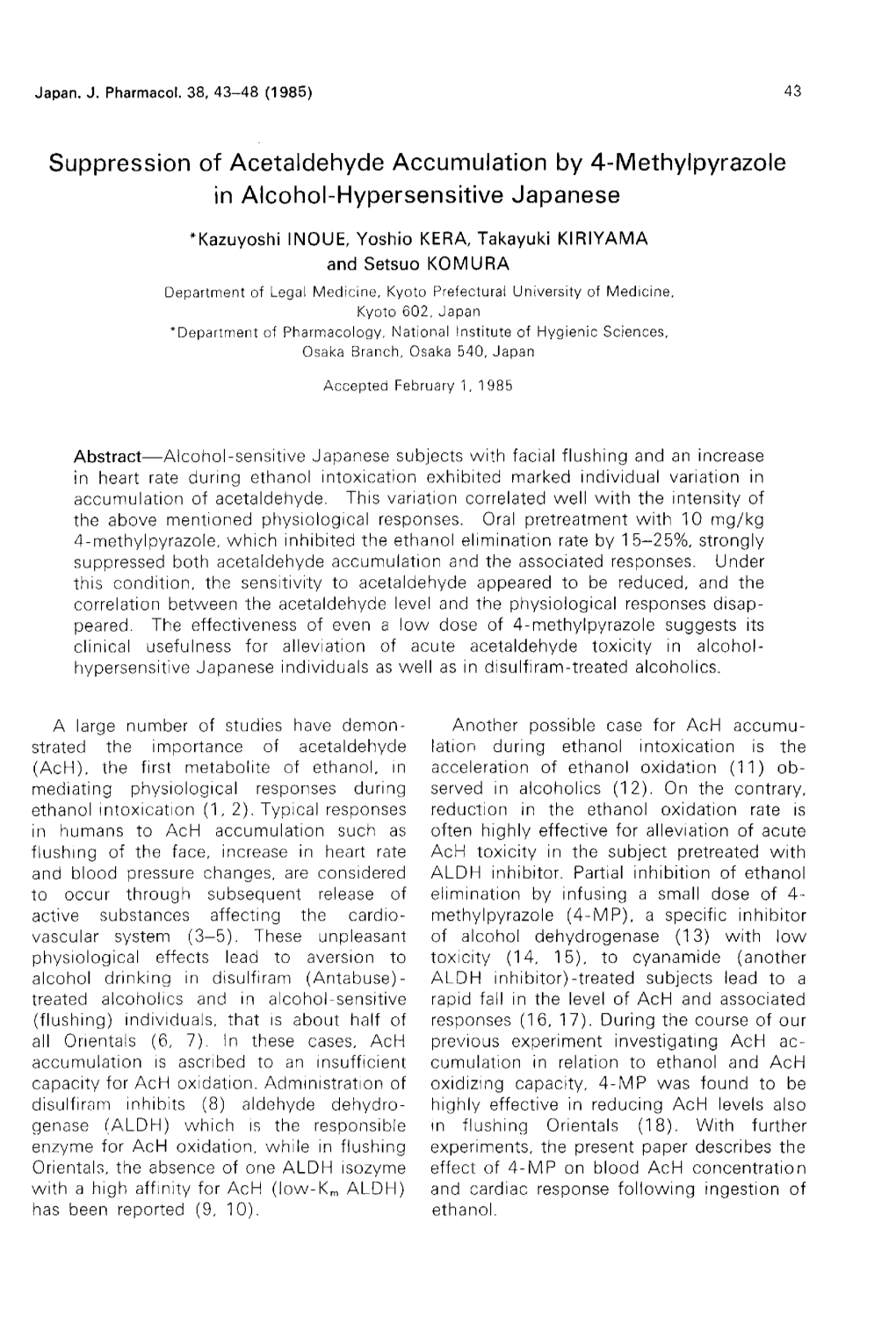 Suppression of Acetaldehyde Accumulation by 4-Methyl Pyrazole in Alcohol-Hypersensitive Japanese