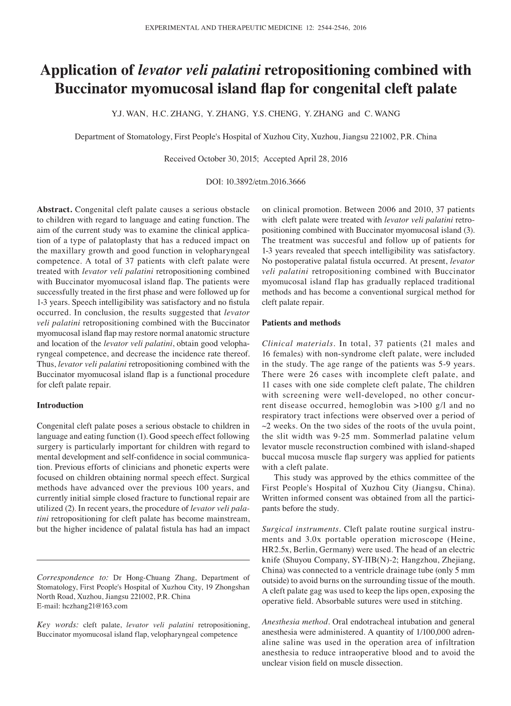 Application of Levator Veli Palatini Retropositioning Combined with Buccinator Myomucosal Island Flap for Congenital Cleft Palate