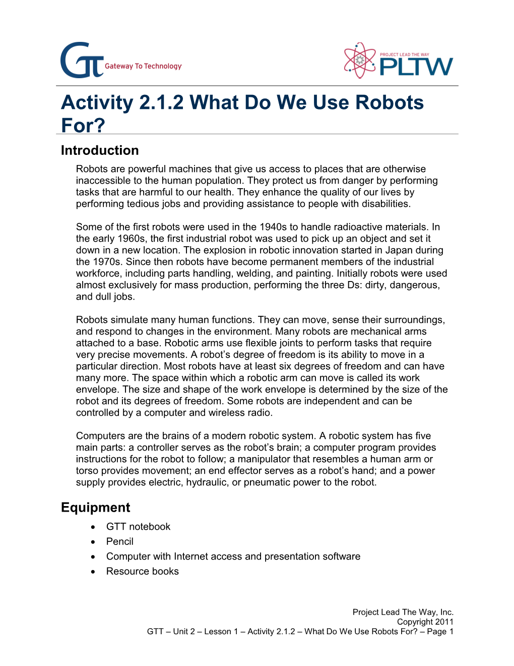 Activity 2.1.2 What Do We Use Robots For?