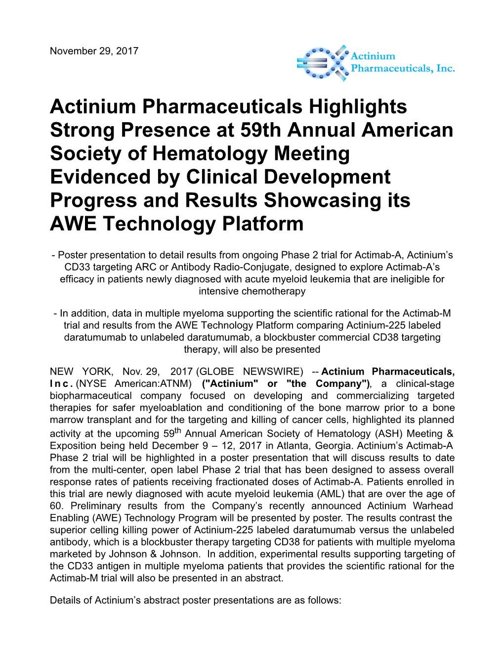 Actinium Pharmaceuticals Highlights Strong Presence at 59Th Annual