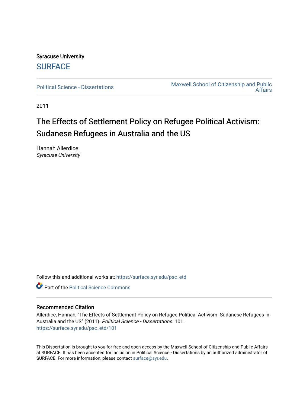 The Effects of Settlement Policy on Refugee Political Activism: Sudanese Refugees in Australia and the US