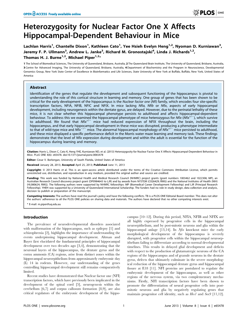 Heterozygosity for Nuclear Factor One X Affects Hippocampal-Dependent Behaviour in Mice