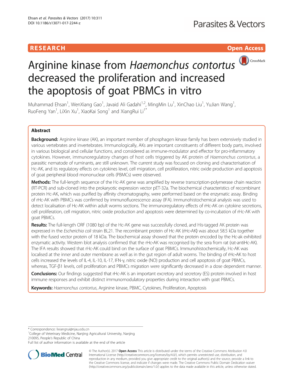 Arginine Kinase from Haemonchus Contortus Decreased The