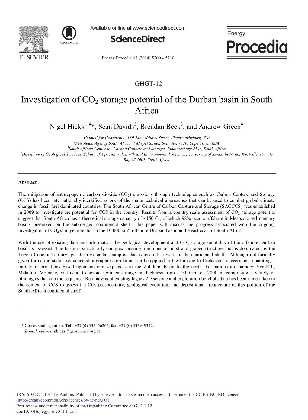 Investigation of CO2 Storage Potential of the Durban Basin in South Africa