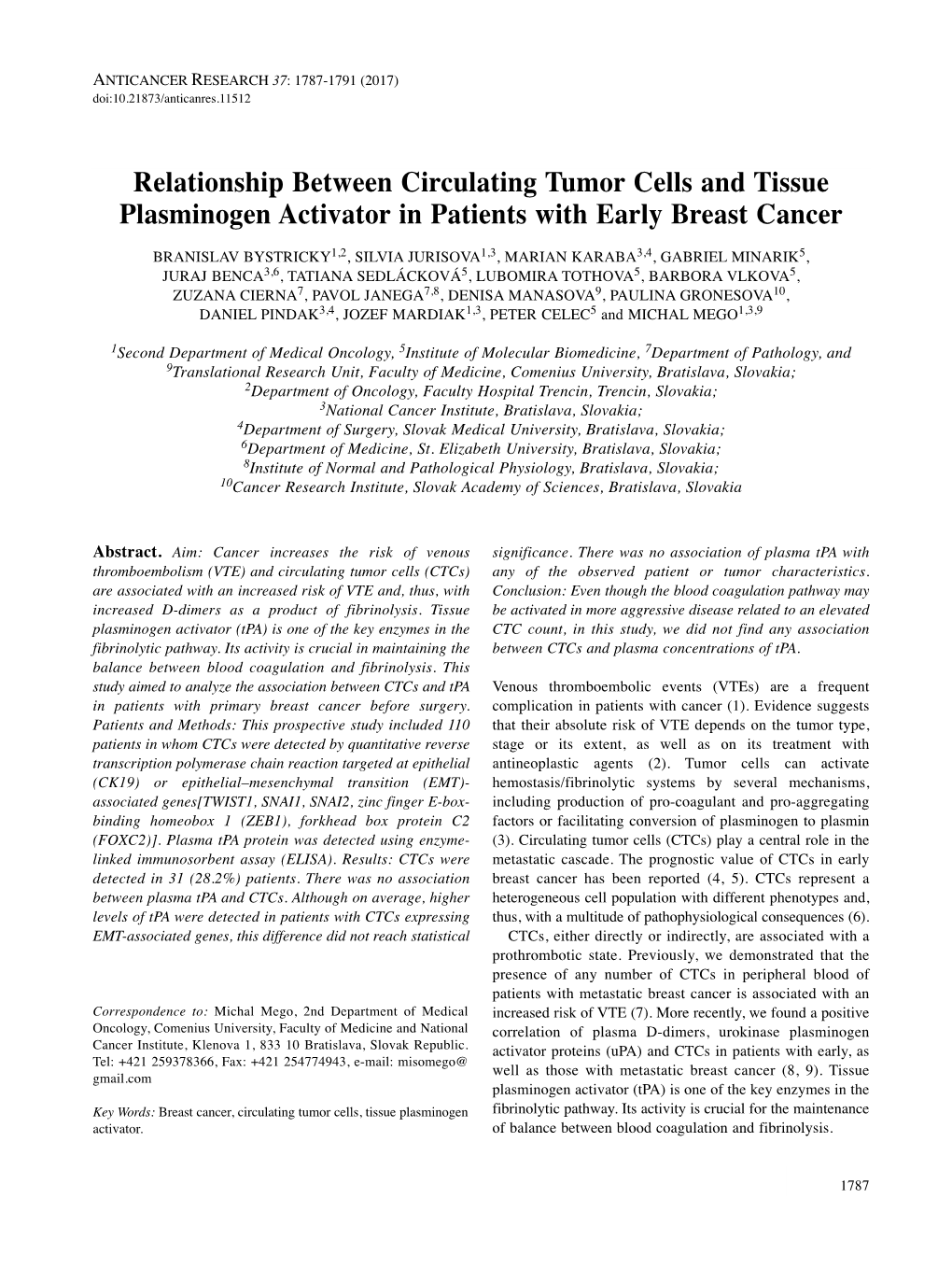 Relationship Between Circulating Tumor Cells and Tissue