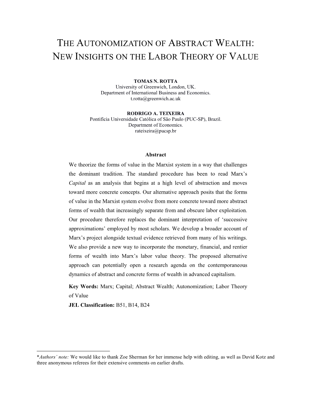 The Autonomization of Abstract Wealth: New Insights on the Labor Theory of Value