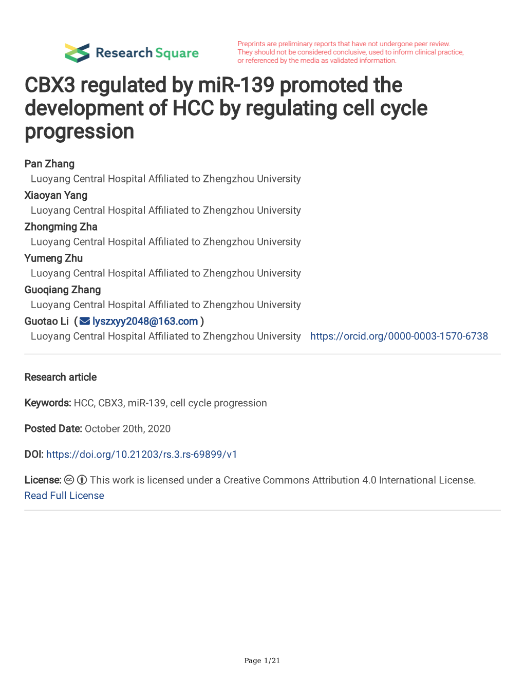 CBX3 Regulated by Mir-139 Promoted the Development of HCC by Regulating Cell Cycle Progression